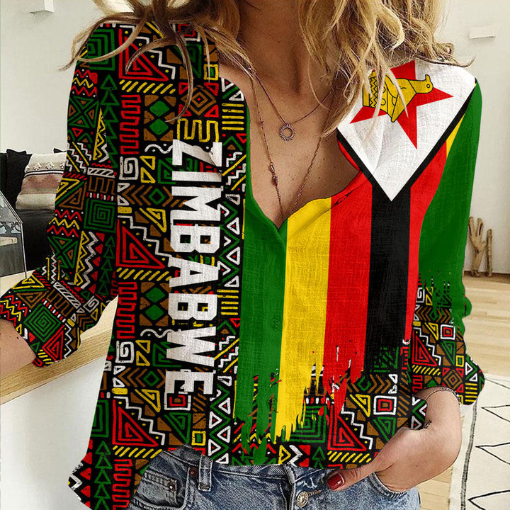 Africa Zone Clothing - Zimbabwe Kente Pattern Women's Casual Shirt A94