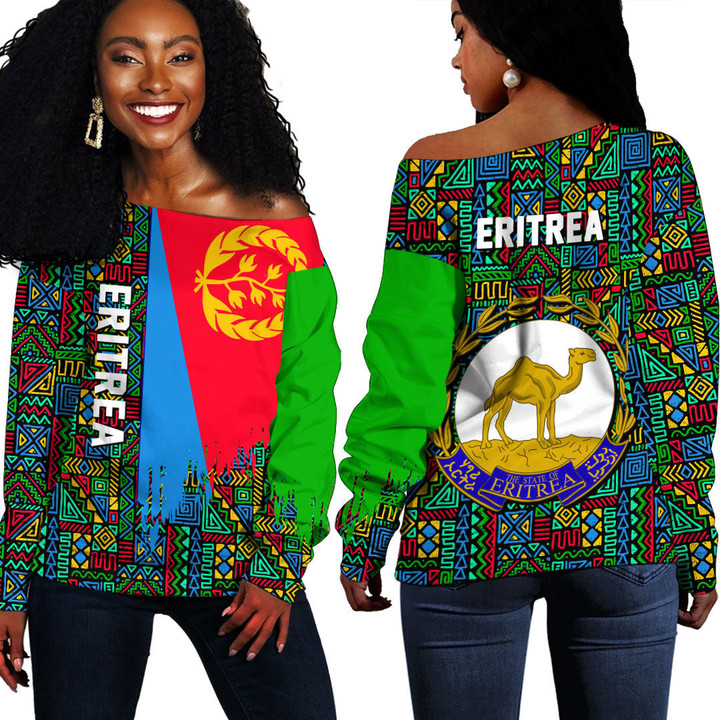 Africa Zone Clothing - Eritrea Kente Pattern Off Shoulder Sweater A94