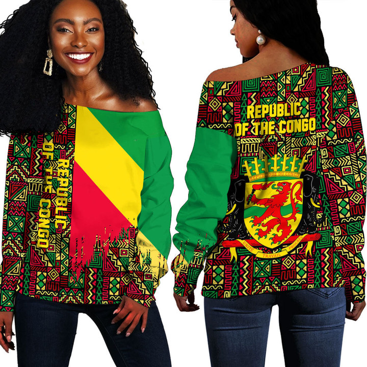 Africa Zone Clothing - Republic of the Congo Kente Pattern Off Shoulder Sweater A94