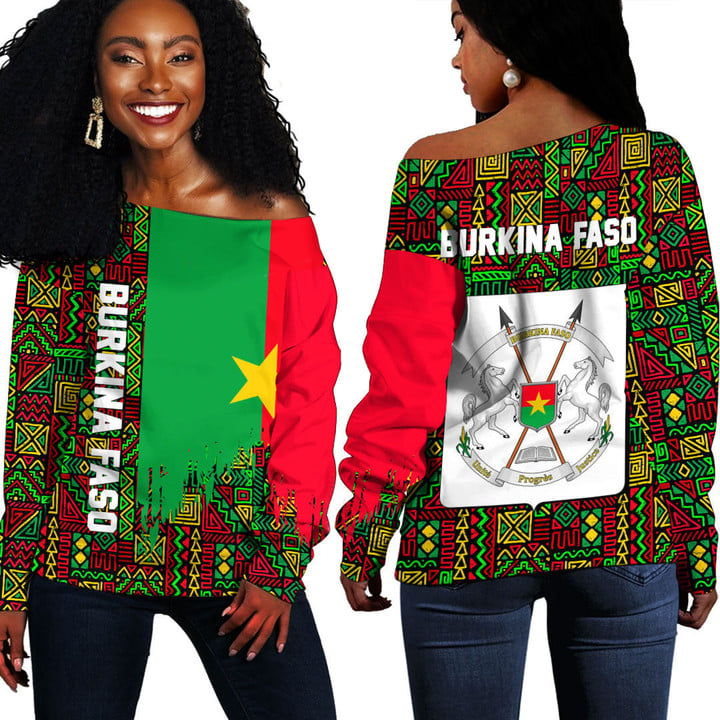 Africa Zone Clothing - Burkina Faso Kente Pattern Off Shoulder Sweater A94