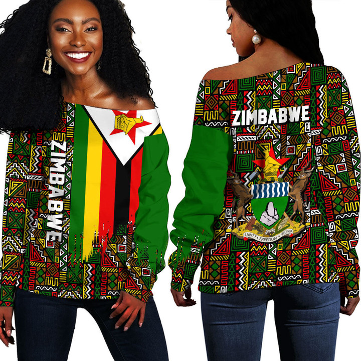 Africa Zone Clothing - Zimbabwe Kente Pattern Off Shoulder Sweater A94
