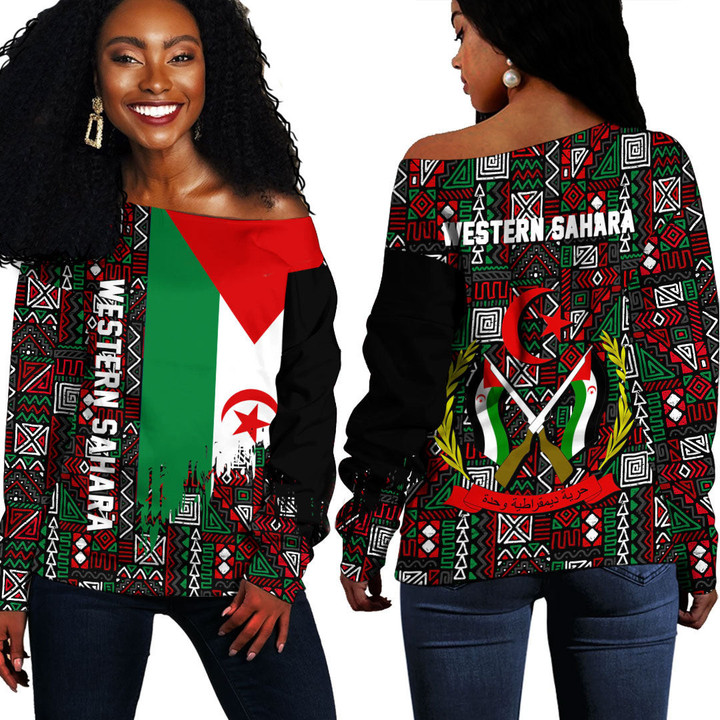 Africa Zone Clothing - Western Sahara Kente Pattern Off Shoulder Sweater A94