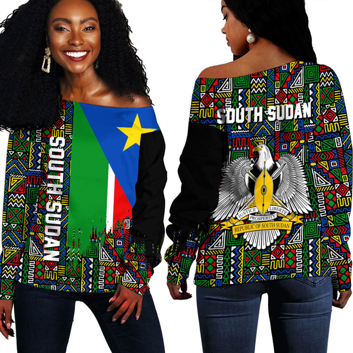 Africa Zone Clothing - South Sudan Kente Pattern Off Shoulder Sweater A94