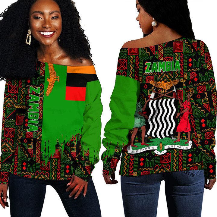 Africa Zone Clothing - Zambia Kente Pattern Off Shoulder Sweater A94