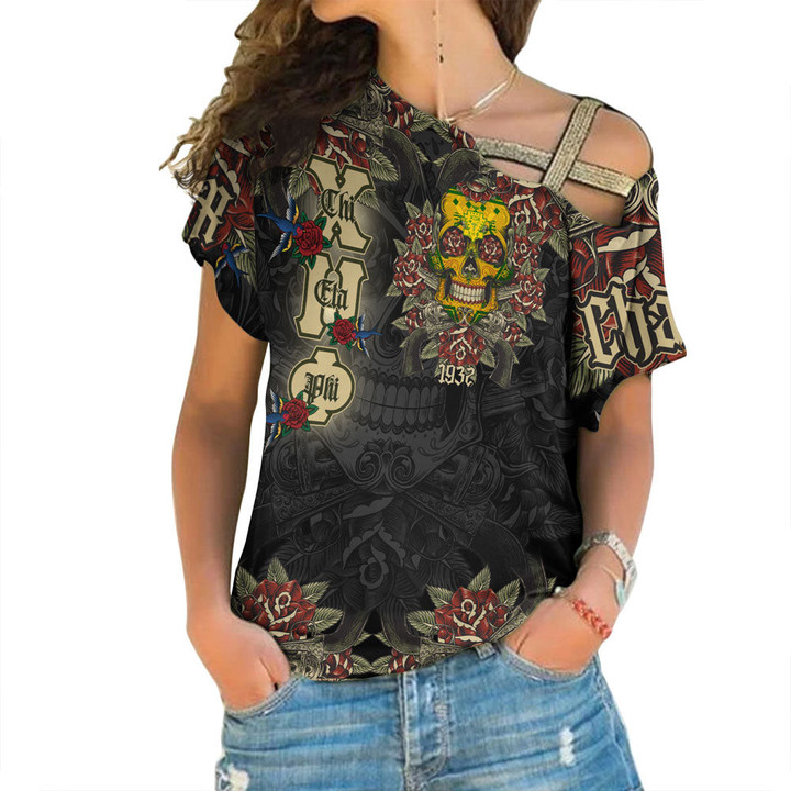1sttheworld Clothing - Chi Eta Phi Oldschool Tattoo Style - Skull and Roses - One Shoulder Shirt A7 | 1sttheworld