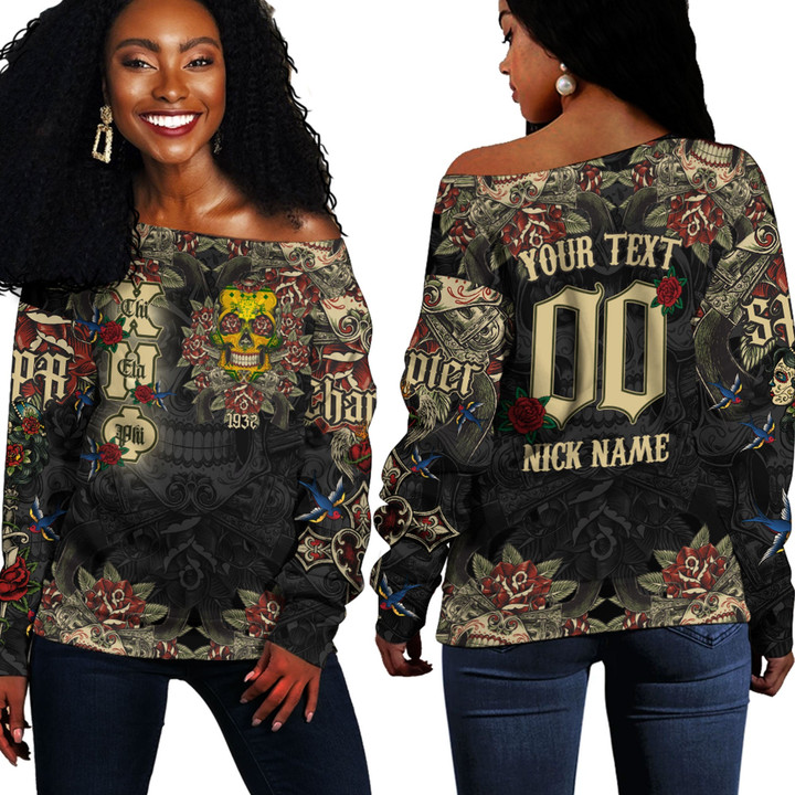 1sttheworld Clothing - Chi Eta Phi Oldschool Tattoo Style - Skull and Roses - Off Shoulder Sweaters A7 | 1sttheworld