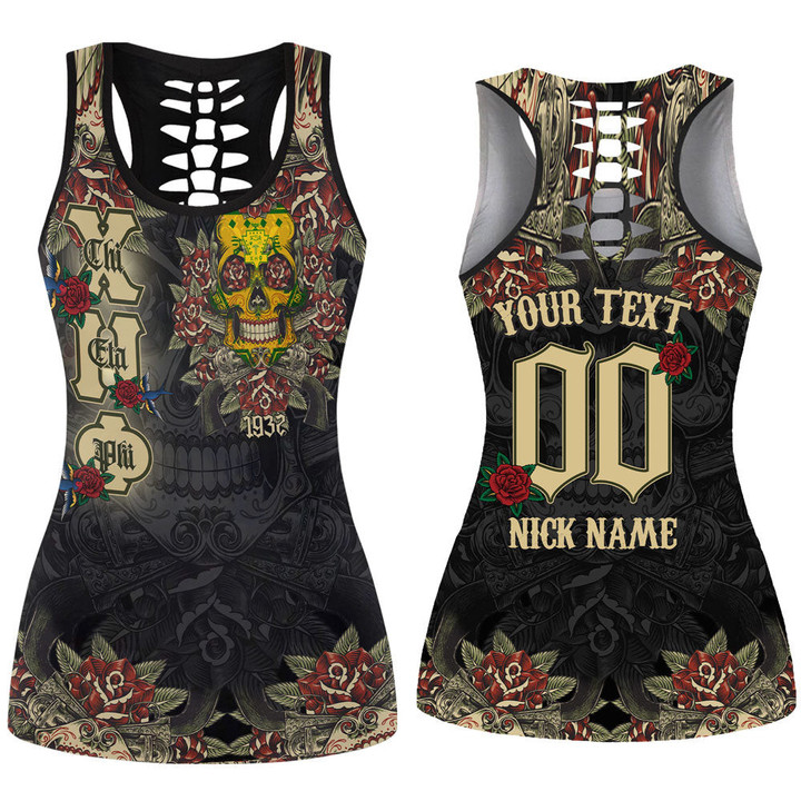 1sttheworld Clothing - Chi Eta Phi Oldschool Tattoo Style - Skull and Roses - Hollow Tank Top A7 | 1sttheworld
