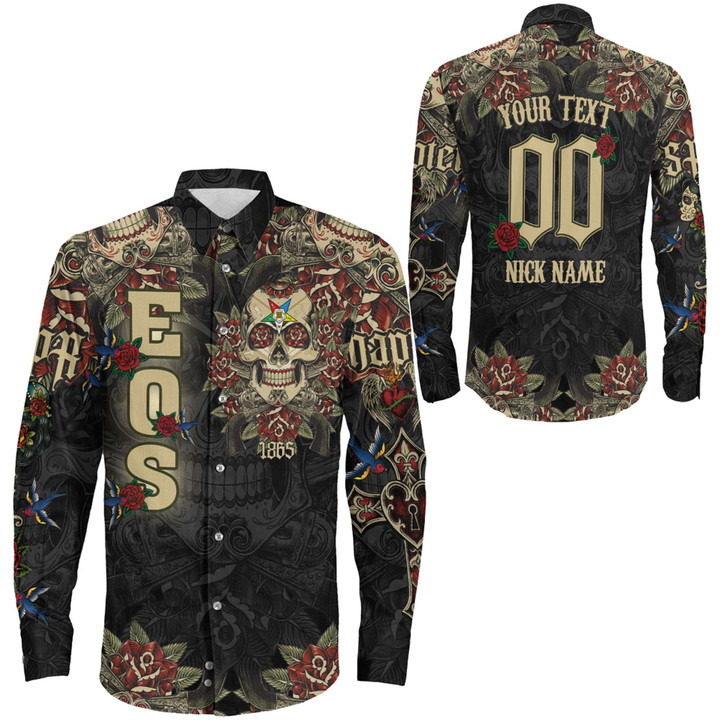 1sttheworld Clothing - Order of the Eastern Star Oldschool Tattoo Style - Skull and Roses - Long Sleeve Button Shirt A7 | 1sttheworld