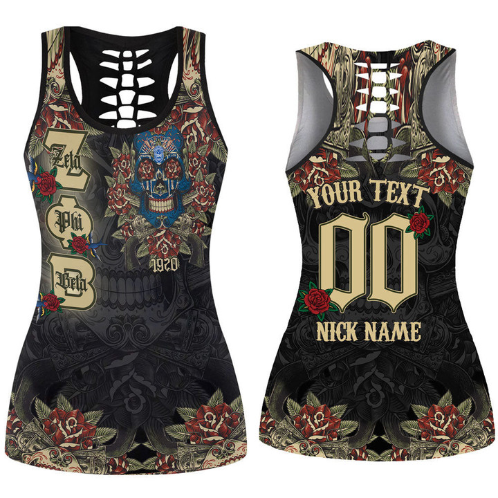 1sttheworld Clothing - Zeta Phi Beta Oldschool Tattoo Style - Skull and Roses - Hollow Tank Top A7 | 1sttheworld