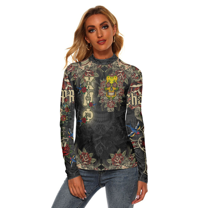 1sttheworld Clothing - Chi Eta Phi Oldschool Tattoo Style - Skull and Roses - Women's Stretchable Turtleneck Top A7 | 1sttheworld