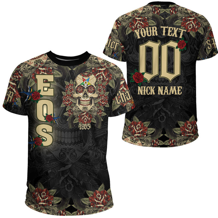 1sttheworld Clothing - Order of the Eastern Star Oldschool Tattoo Style - Skull and Roses - T-shirt A7 | 1sttheworld