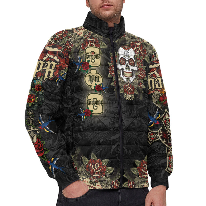1sttheworld Clothing - Groove Phi Groove Oldschool Tattoo Style - Skull and Roses - Padded Jacket A7 | 1sttheworld