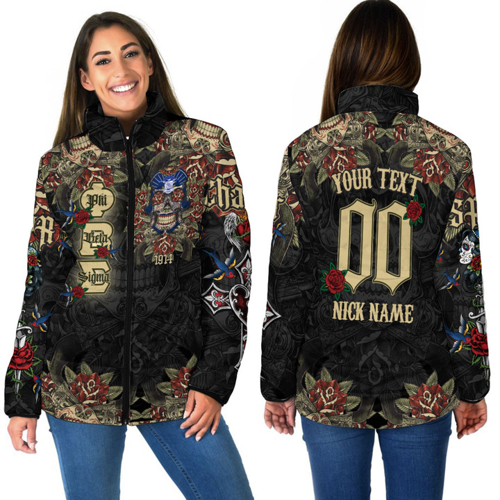 1sttheworld Clothing - Phi Beta Sigma Oldschool Tattoo Style - Skull and Roses - Women Padded Jacket A7 | 1sttheworld
