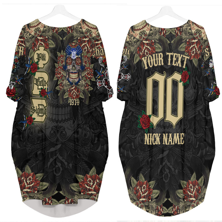 1sttheworld Clothing - Phi Beta Sigma Oldschool Tattoo Style - Skull and Roses - Batwing Pocket Dress A7 | 1sttheworld