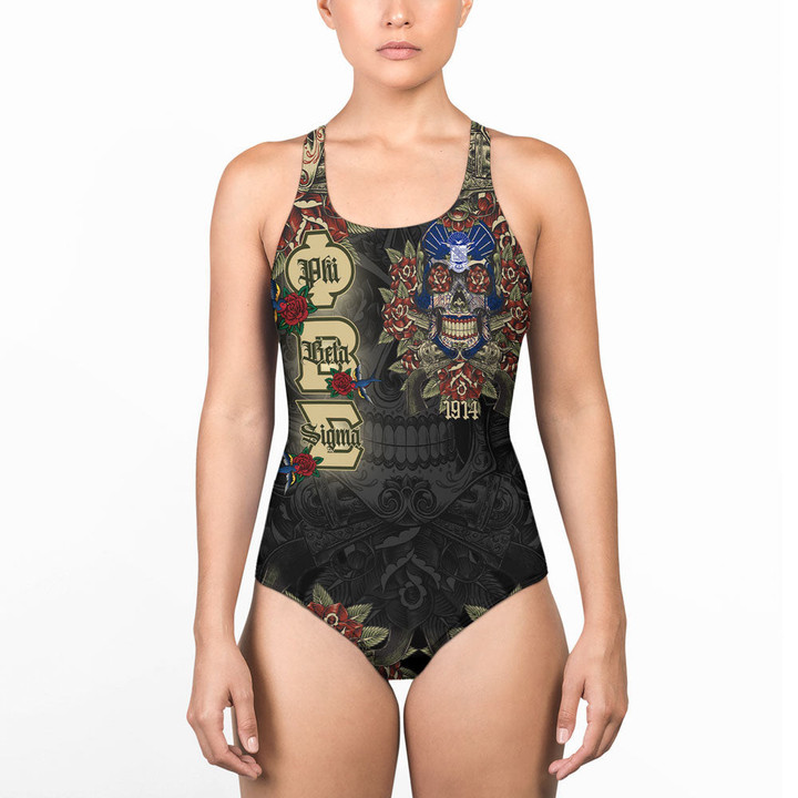 1sttheworld Clothing - Phi Beta Sigma Oldschool Tattoo Style - Skull and Roses - Women Low Cut Swimsuit A7 | 1sttheworld