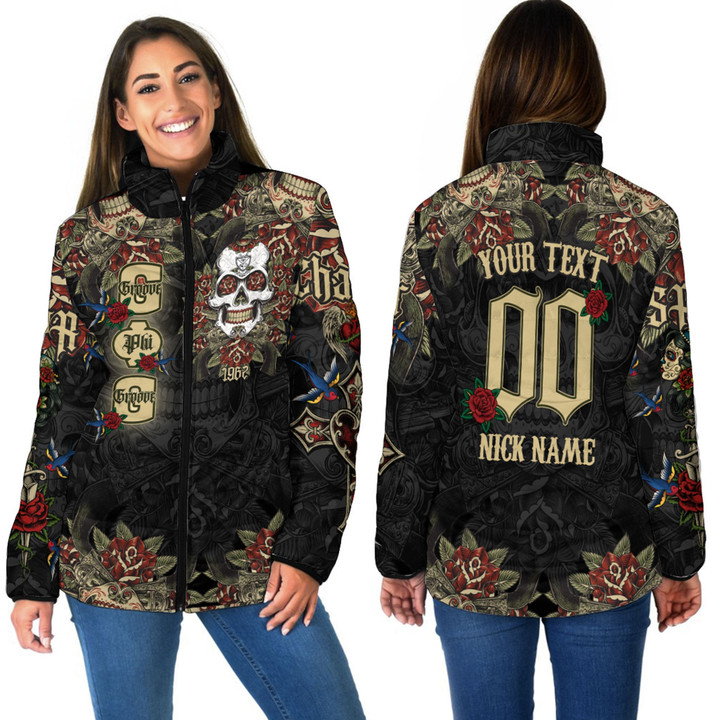 1sttheworld Clothing - Groove Phi Groove Oldschool Tattoo Style - Skull and Roses - Women Padded Jacket A7 | 1sttheworld