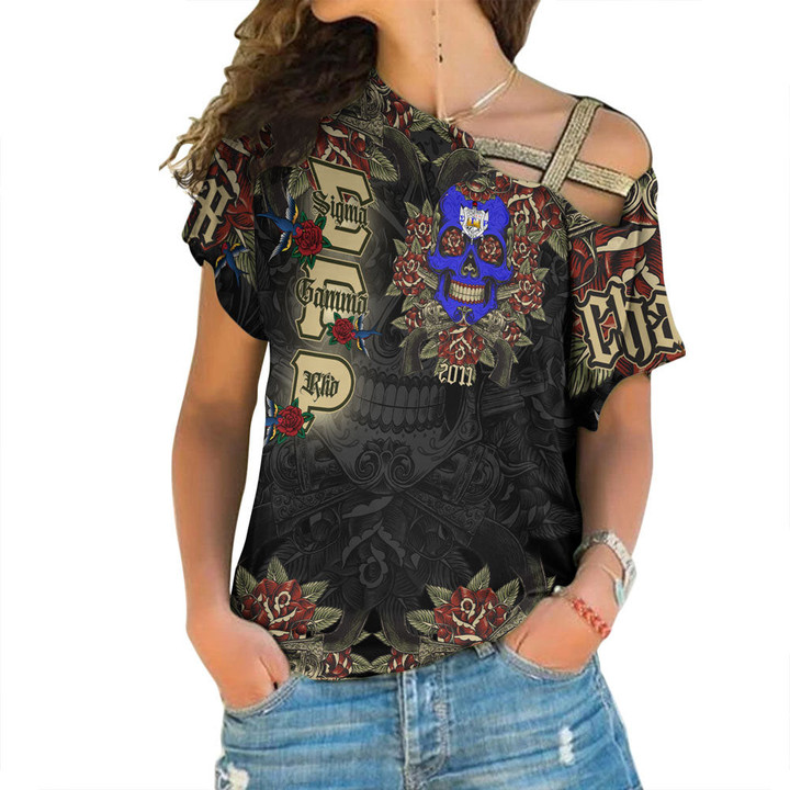 1sttheworld Clothing - Sigma Gamma Rho Oldschool Tattoo Style - Skull and Roses - One Shoulder Shirt A7 | 1sttheworld