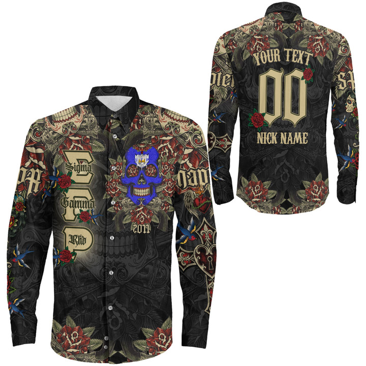 1sttheworld Clothing - Sigma Gamma Rho Oldschool Tattoo Style - Skull and Roses - Long Sleeve Button Shirt A7 | 1sttheworld