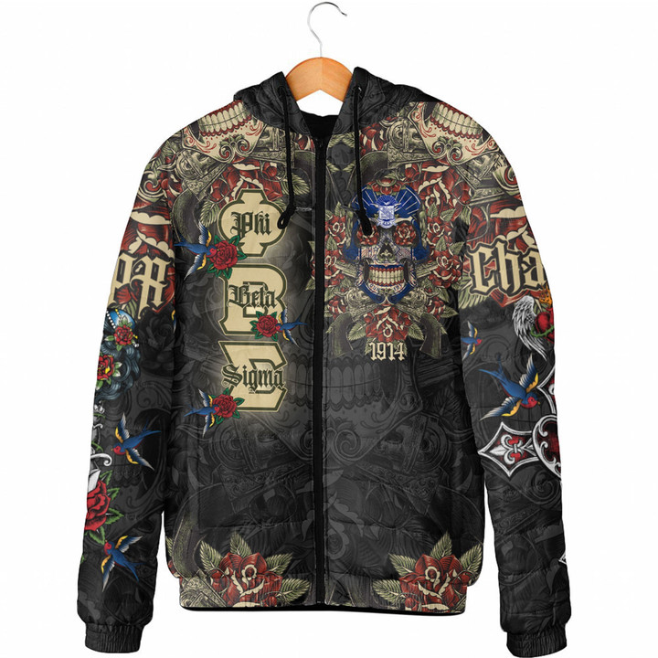 1sttheworld Clothing - Phi Beta Sigma Oldschool Tattoo Style - Skull and Roses - Hooded Padded Jacket A7 | 1sttheworld