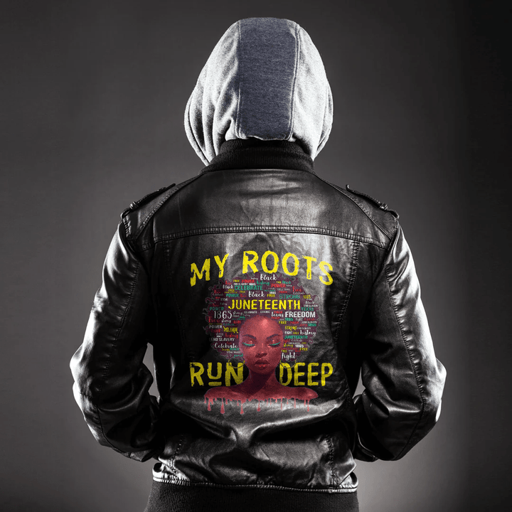Africa Zone Clothing - My Roots tshirt Black Women Run Deep Juneteenth 2023 Leather Jacket A35