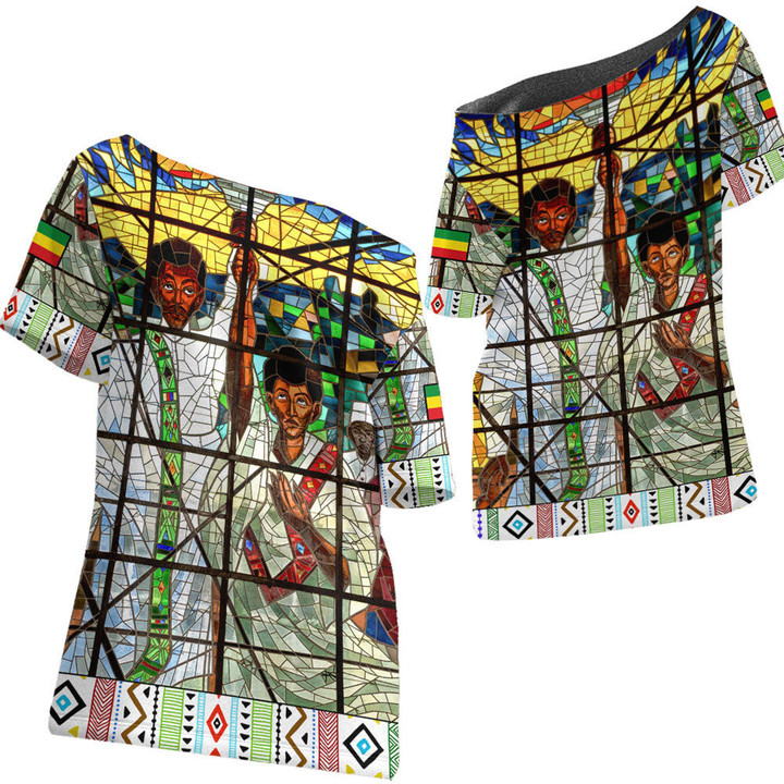 Africazone Clothing - Ethiopian Orthodox Flag Off Shoulder T-Shirt A7