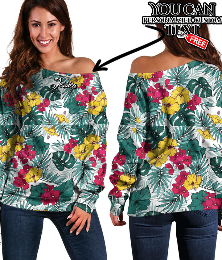 Women's Off Shoulder Sweatshirt - Hibiscus Palm And Monstera Leaves Best Gift For Women - Gifts She'll Love A7 | Africazone