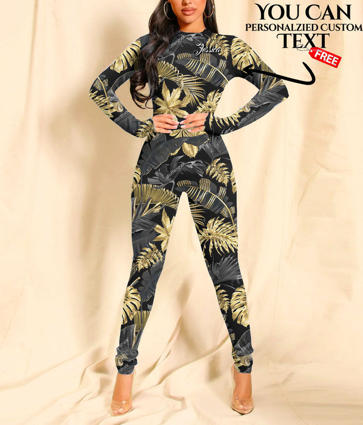 Women's Long-Sleeved High-Neck Jumpsuit With Zipper - Luxury Gold And Black Tropical Leaves Tropical Best Gift For Women - Gifts She'll Love A7 | Africazone
