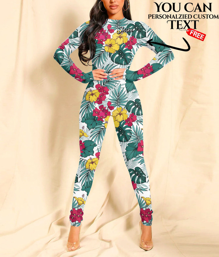 Women's Long-Sleeved High-Neck Jumpsuit With Zipper - Hibiscus And Tropical Plants Best Gift For Women - Gifts She'll Love A7 | Africazone