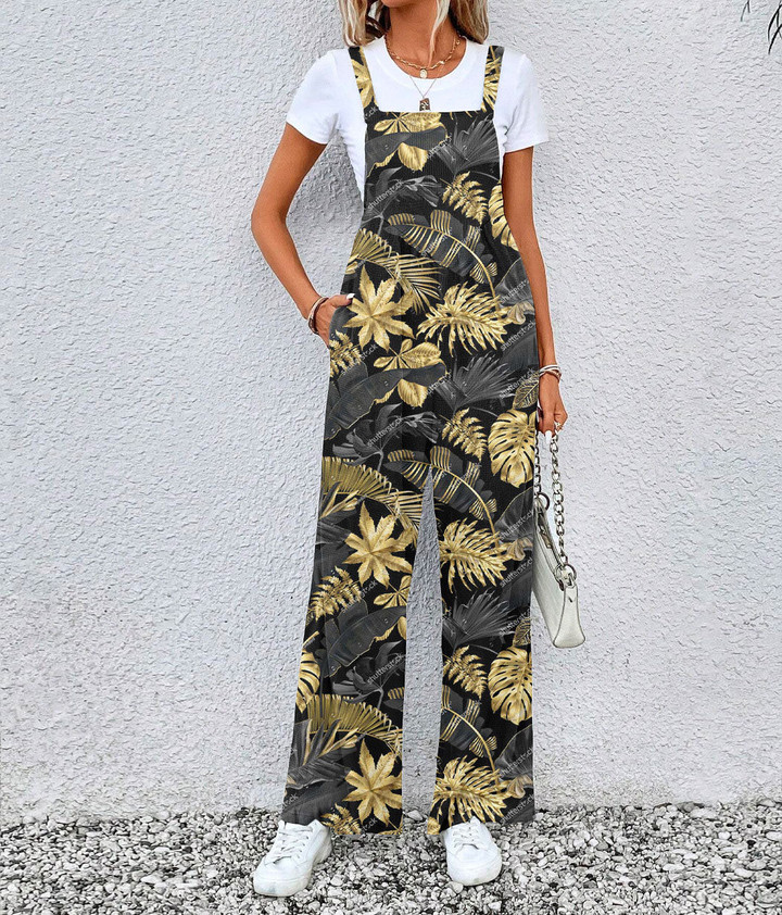 Women's Jumpsuit - Luxury Gold And Black Tropical Leaves Tropical Best Gift For Women - Gifts She'll Love A7 | Africazone