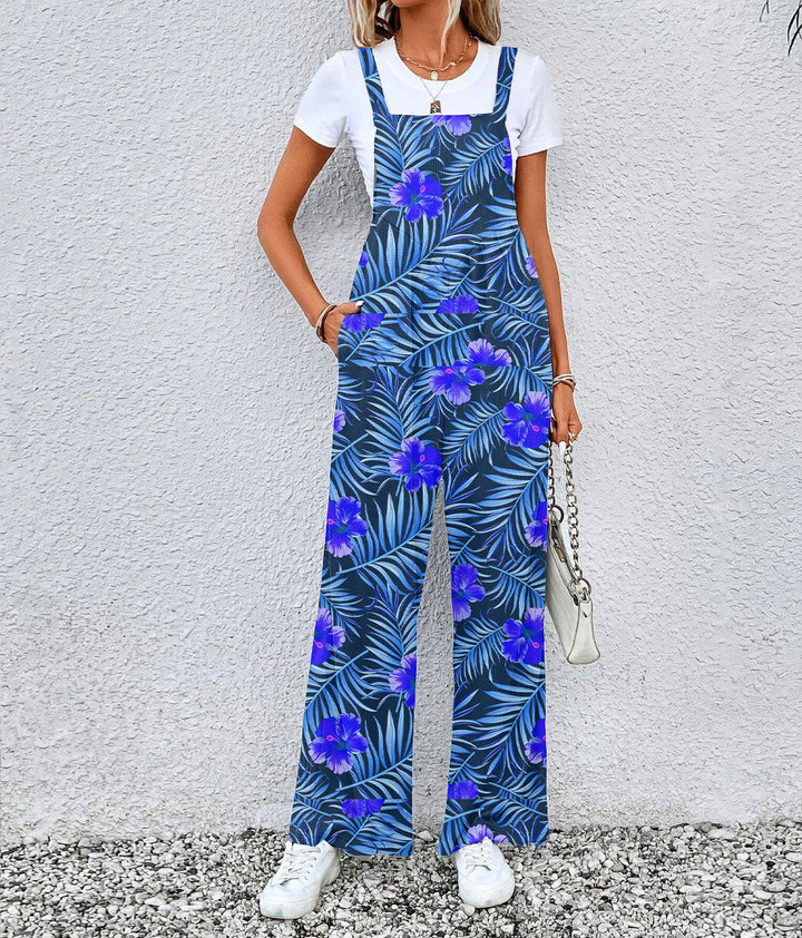 Women's Jumpsuit - Tropical Palm Leaves And Hibiscus Blue Best Gift For Women - Gifts She'll Love A7 | Africazone