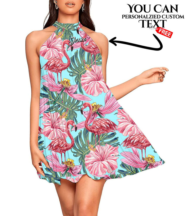 Women's Halter Dress - Pink Flamingos with Tropical Flowers Best Gift For Women - Gifts She'll Love A7 | 1sttheworld