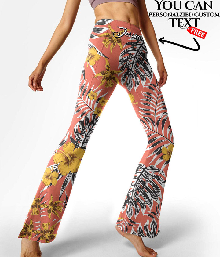 Women's Flare Yoga Pants - Tropical Leaves Yellow Flowers Hibiscus Lily Best Gift For Women - Gifts She'll Love A7 | Africazone