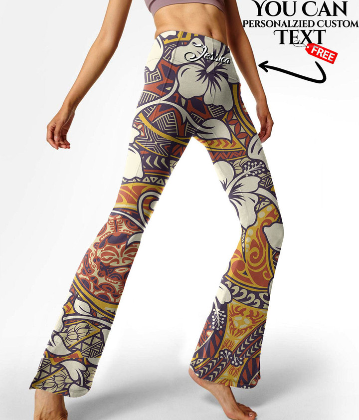 Women's Flare Yoga Pants - Tropical Hibiscus Flower With Tapa Tribal Tattoo Best Gift For Women - Gifts She'll Love A7 | Africazone
