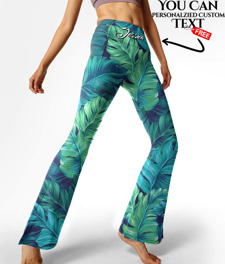 Women's Flare Yoga Pants - Turquoise And Green Tropical Leaves Best Gift For Women - Gifts She'll Love A7 | Africazone