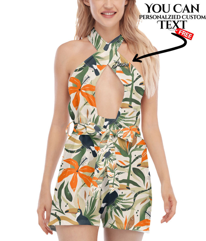 Women's Cross Collar Jumpsuit - Jungle Floral And Toucan Bird Vintage Style Best Gift For Women - Gifts She'll Love A7 | Africazone