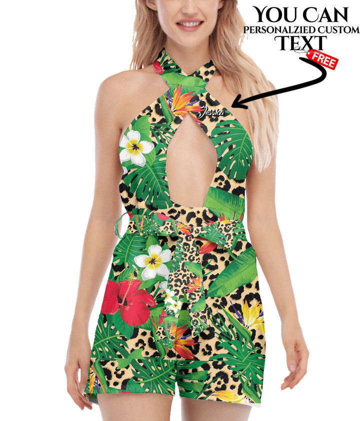 Women's Cross Collar Jumpsuit - Tropical Flowers And Leaves On Leopard Best Gift For Women - Gifts She'll Love A7 | Africazone