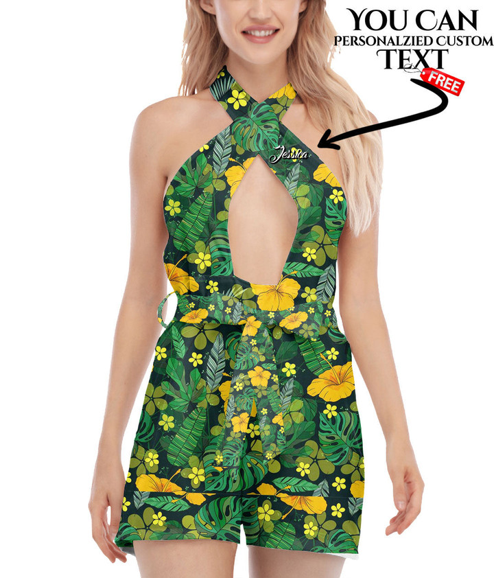 Women's Cross Collar Jumpsuit - Tropical Floral Jungle Leaf Best Gift For Women - Gifts She'll Love A7 | Africazone