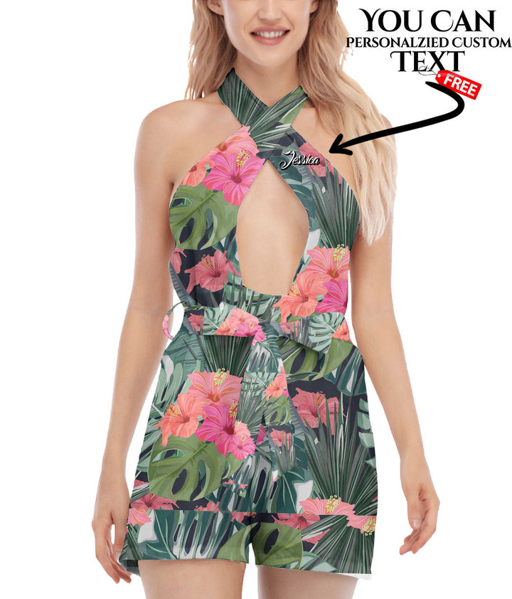 Women's Cross Collar Jumpsuit - Palm Tree Leaves with Flower Hibiscus Best Gift For Women - Gifts She'll Love A7 | Africazone