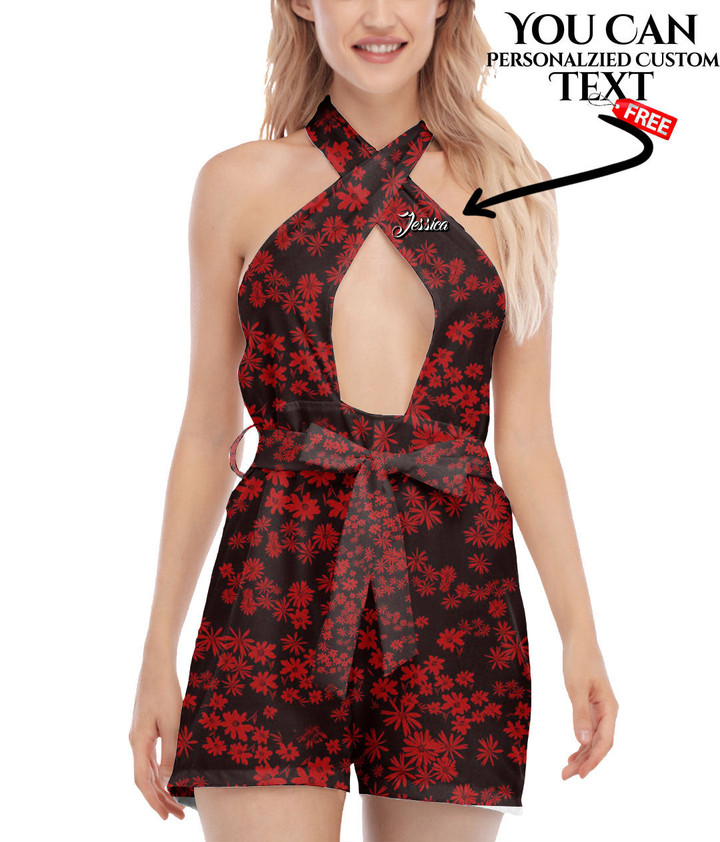 Women's Cross Collar Jumpsuit - Vintage Floral Simple and Delicate Red Best Gift For Women - Gifts She'll Love A7 | Africazone