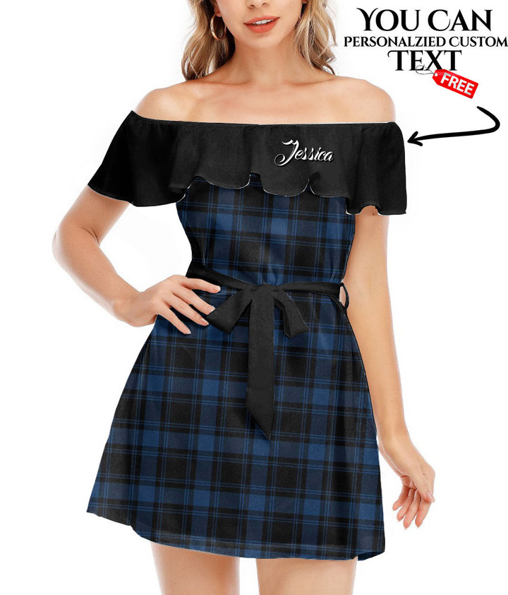 Women's Off-Shoulder Dress With Ruffle (Black Style) - Dark Blue Tartan Plaid Best Gift For Women - Gifts She'll Love A7 | Africazone