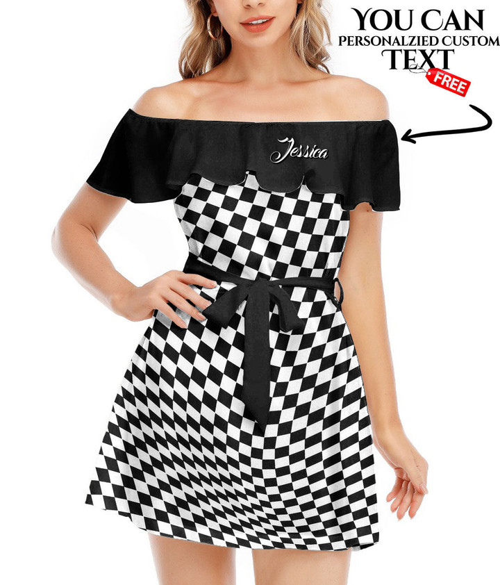 Women's Off-Shoulder Dress With Ruffle (Black Style) - Black And White Abstract Square Pattern Best Gift For Women - Gifts She'll Love A7 | Africazone
