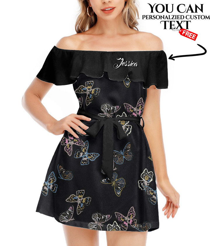 Women's Off-Shoulder Dress With Ruffle (Black Style) - Alluring Butterflies Pattern Best Gift For Women - Gifts She'll Love A7 | Africazone