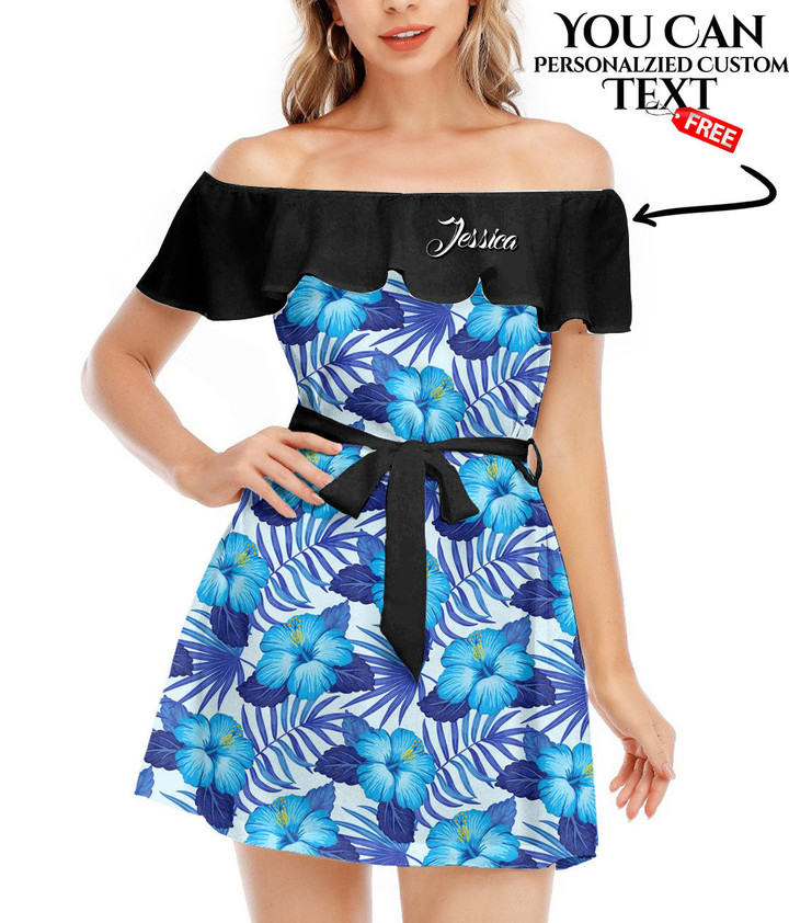 Women's Off-Shoulder Dress With Ruffle (Black Style) - Cyan Tropical Hibiscus Flowers Best Gift For Women - Gifts She'll Love A7 | Africazone