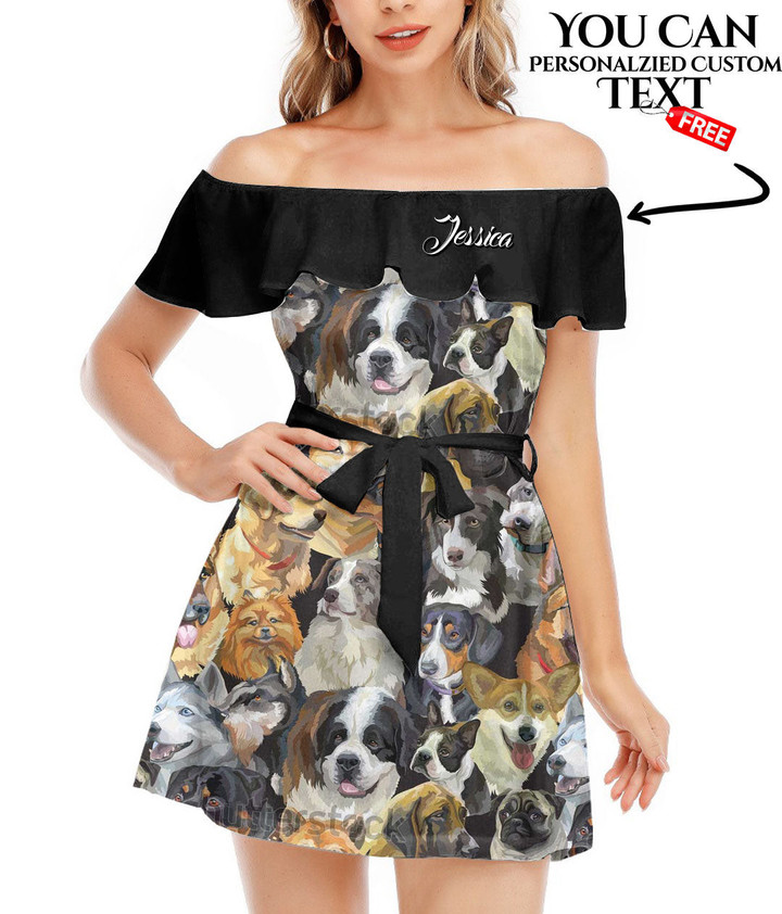 Women's Off-Shoulder Dress With Ruffle (Black Style) - Colorful Realistic Dogs Best Gift For Women - Gifts She'll Love A7 | Africazone