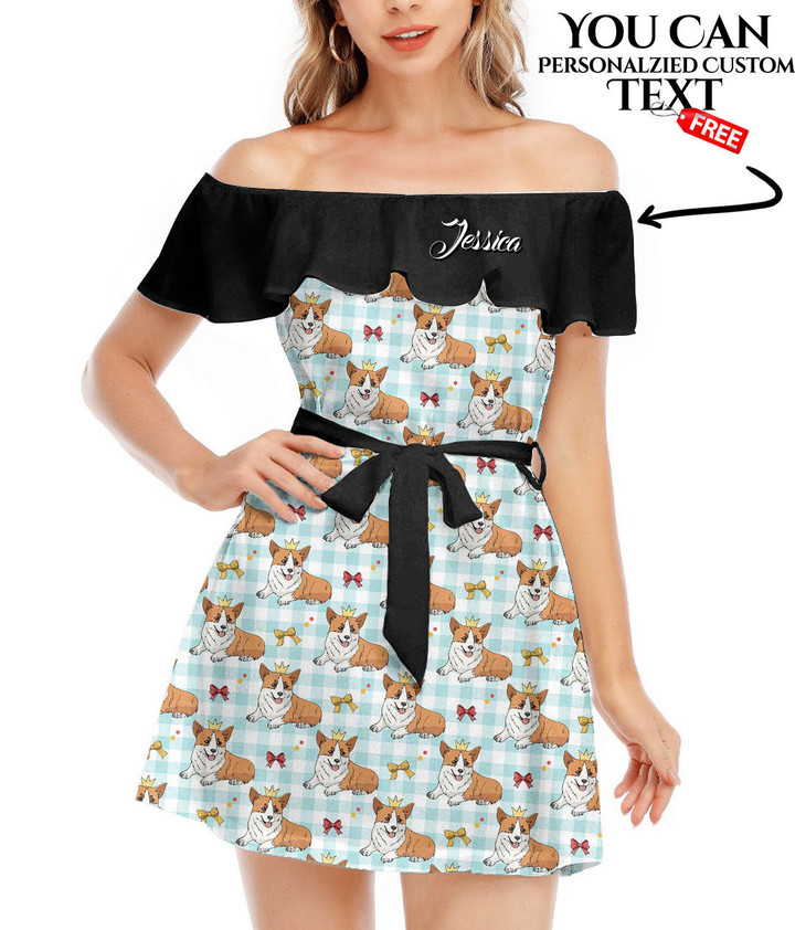 Women's Off-Shoulder Dress With Ruffle (Black Style) - Corgi Dog and Crown Best Gift For Women - Gifts She'll Love A7 | Africazone