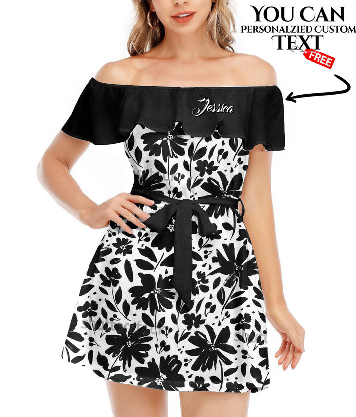 Women's Off-Shoulder Dress With Ruffle (Black Style) - Simple Black and White Flowers Best Gift For Women - Gifts She'll Love A7 | Africazone