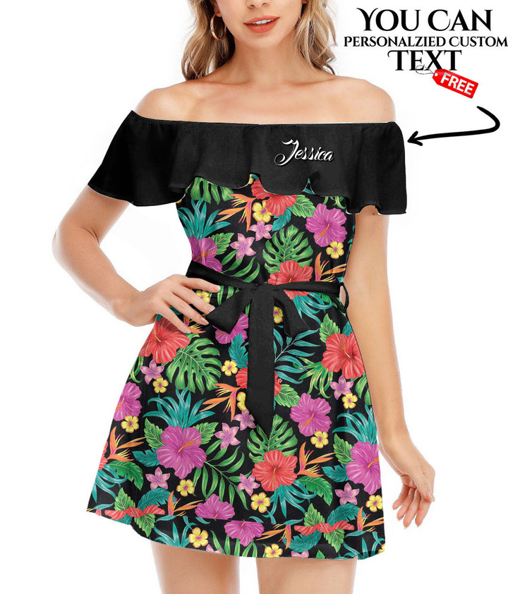 Women's Off-Shoulder Dress With Ruffle (Black Style) - Hibiscus Flowers And Leaves Best Gift For Women - Gifts She'll Love A7 | Africazone