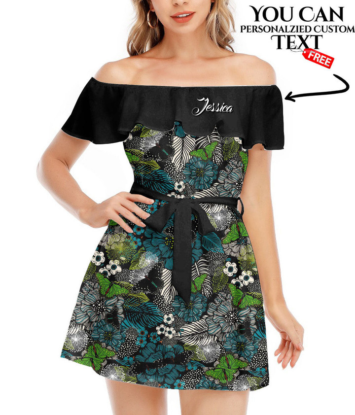 Women's Off-Shoulder Dress With Ruffle (Black Style) - Multicolored Flowers And Butterflies Best Gift For Women - Gifts She'll Love A7 | Africazone