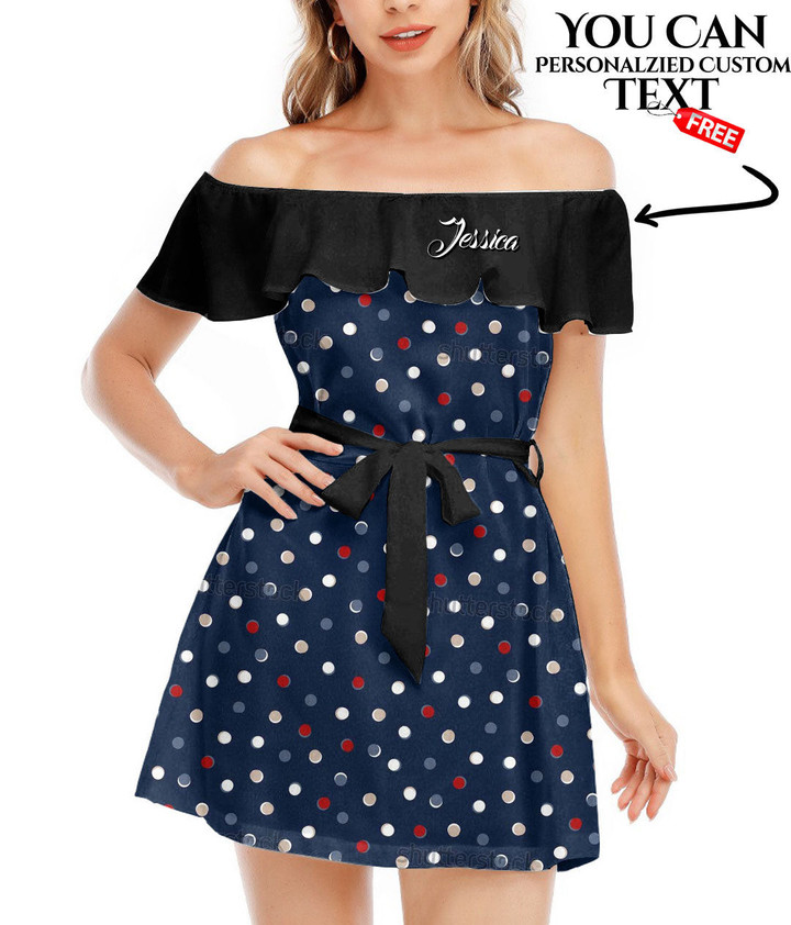 Women's Off-Shoulder Dress With Ruffle (Black Style) - Trendy Fashion Polka Dot Pattern On Navy Best Gift For Women - Gifts She'll Love A7 | Africazone