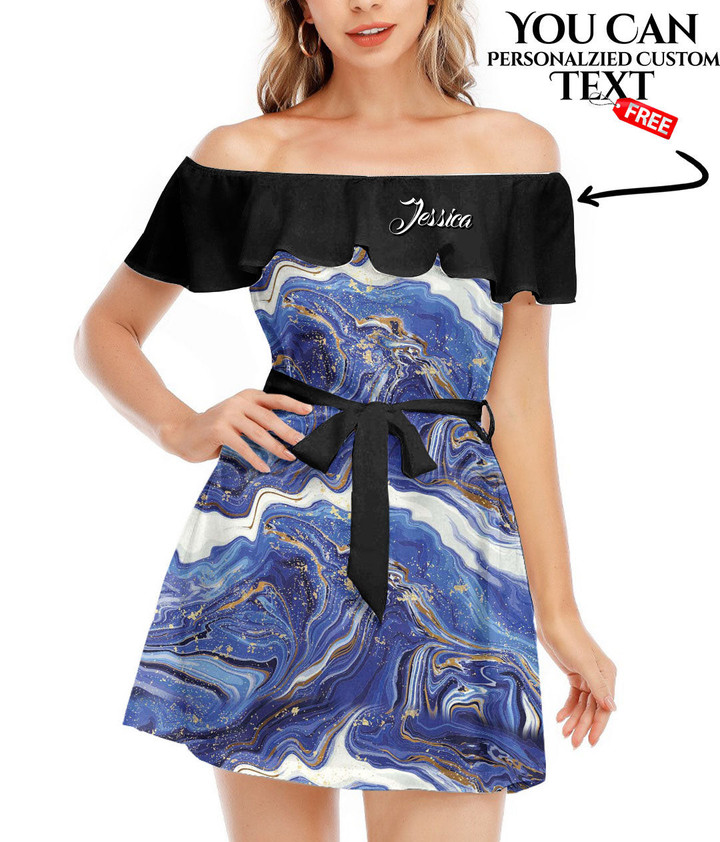 Women's Off-Shoulder Dress With Ruffle (Black Style) - Peace Blue Marble Best Gift For Women - Gifts She'll Love A7 | Africazone